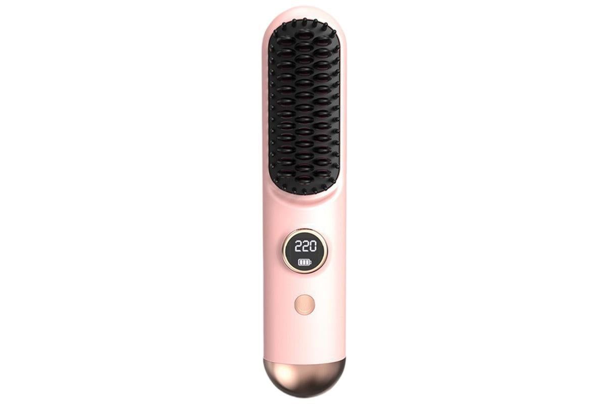 Cordless LCD Hair Straightening Brush 2-in-1 Portable Styling Tool for Travel - Pink