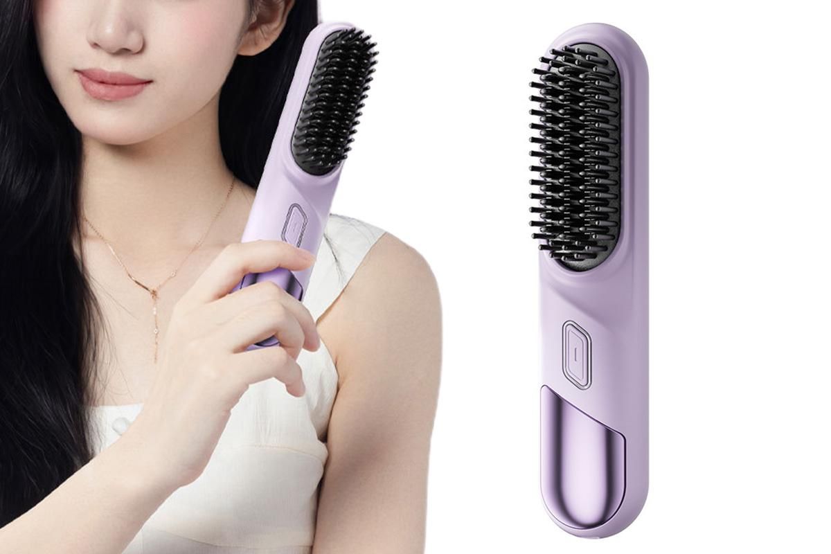 Portable Cordless Heated Straightening Brush for Travel Cordless Hair Straightener Brush Comb Straightener for Women -Purple