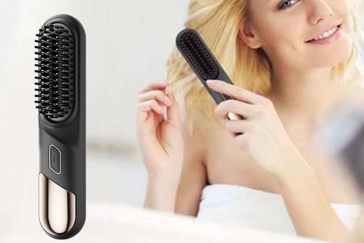 Portable Cordless Heated Straightening Brush for Travel Cordless Hair Straightener Brush Comb Straightener for Women -Black