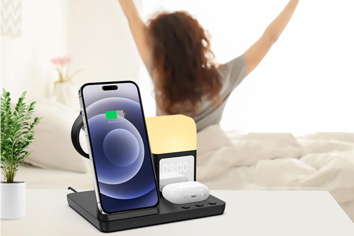 6 in 1 Charging Station with Alarm Clock Wireless Charger with Night Light for Smartphone/Watch/Earbuds Fast Charging Station