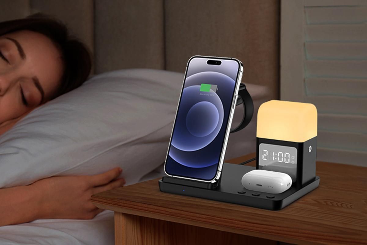 6 in 1 Charging Station with Alarm Clock Wireless Charger with Night Light for Smartphone/Watch/Earbuds Fast Charging Station