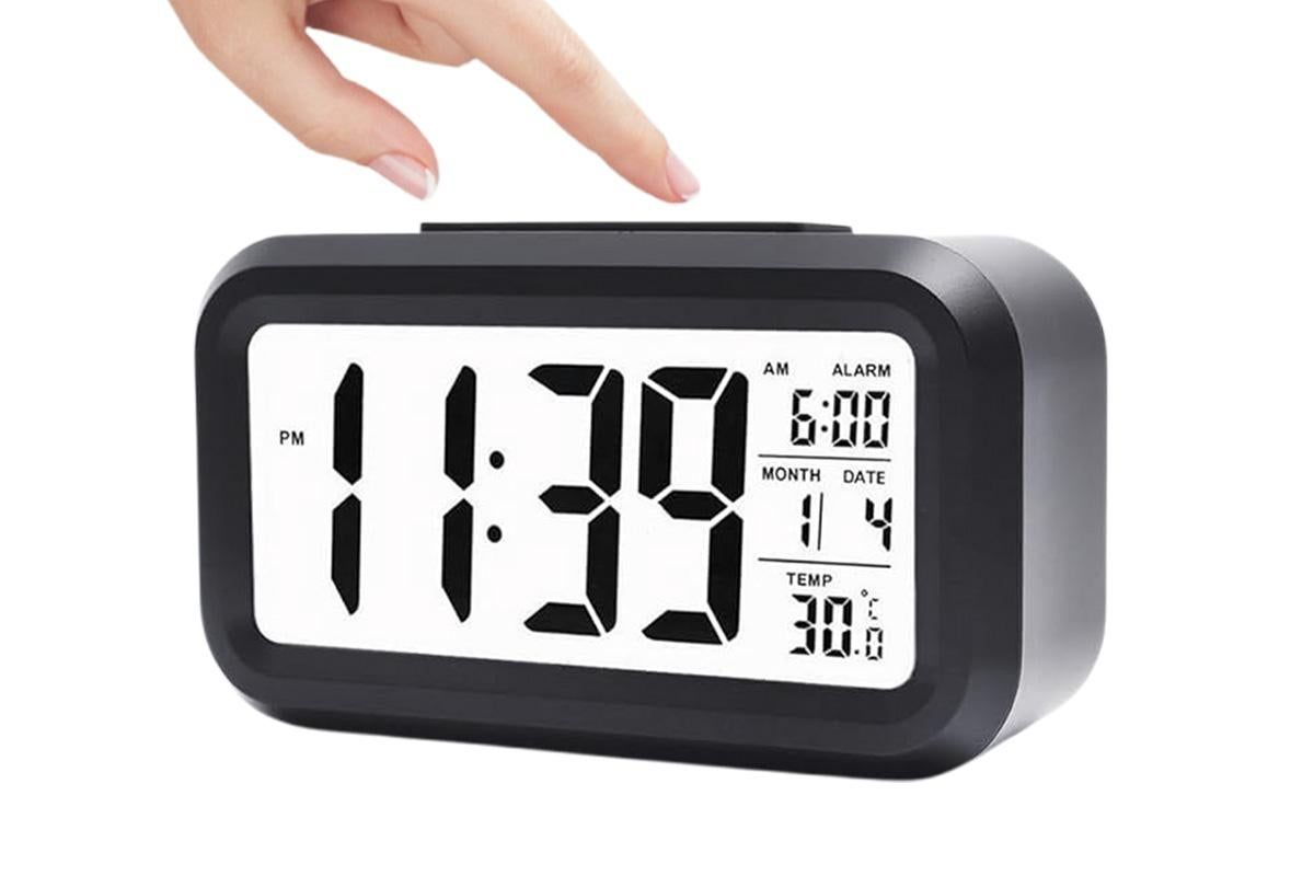 Desk Small Clock Night Light Digital Alarm Clock Battery Operated with Indoor Temperature -Black
