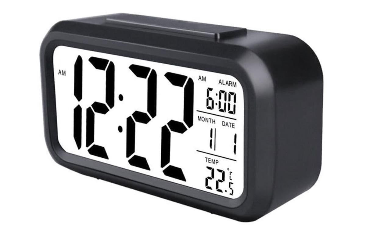 Desk Small Clock Night Light Digital Alarm Clock Battery Operated with Indoor Temperature -Black