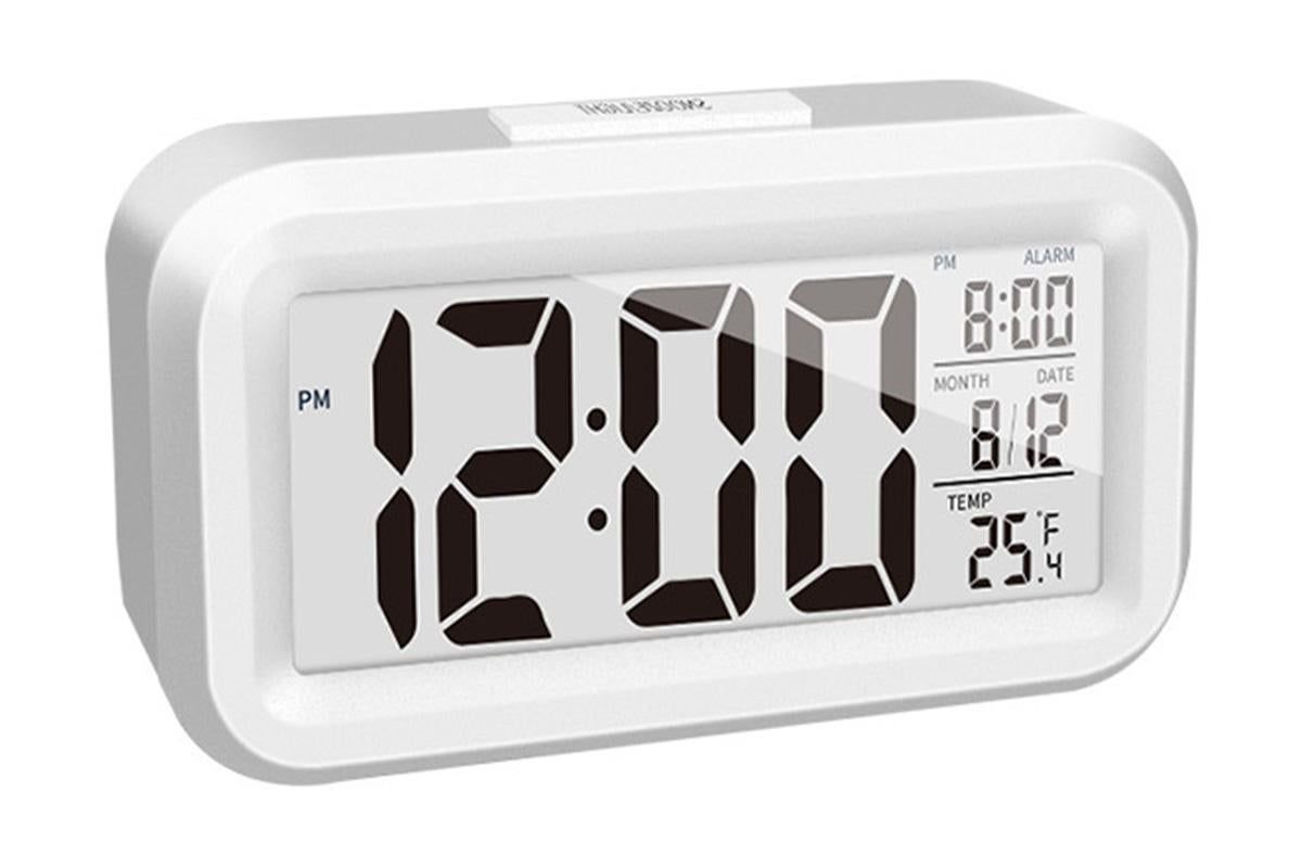 Desk Small Clock Night Light Digital Alarm Clock Battery Operated with Indoor Temperature -White