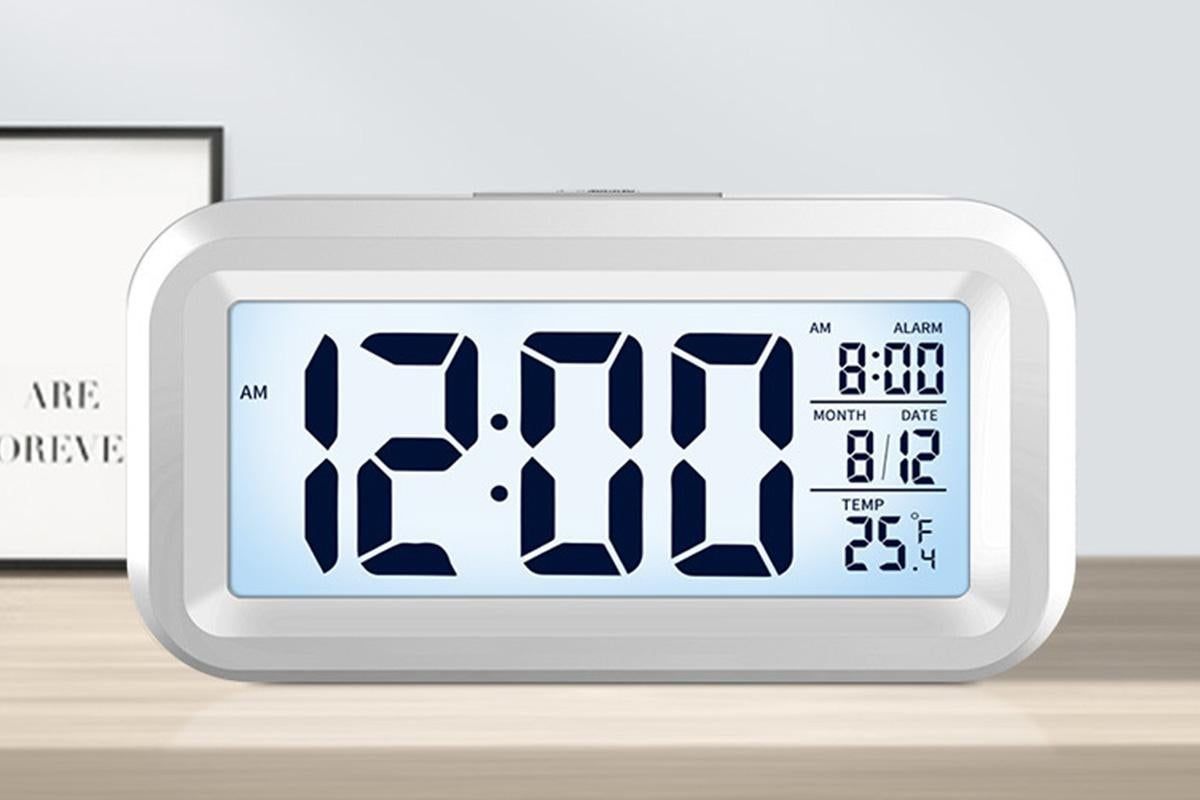 Desk Small Clock Night Light Digital Alarm Clock Battery Operated with Indoor Temperature -White