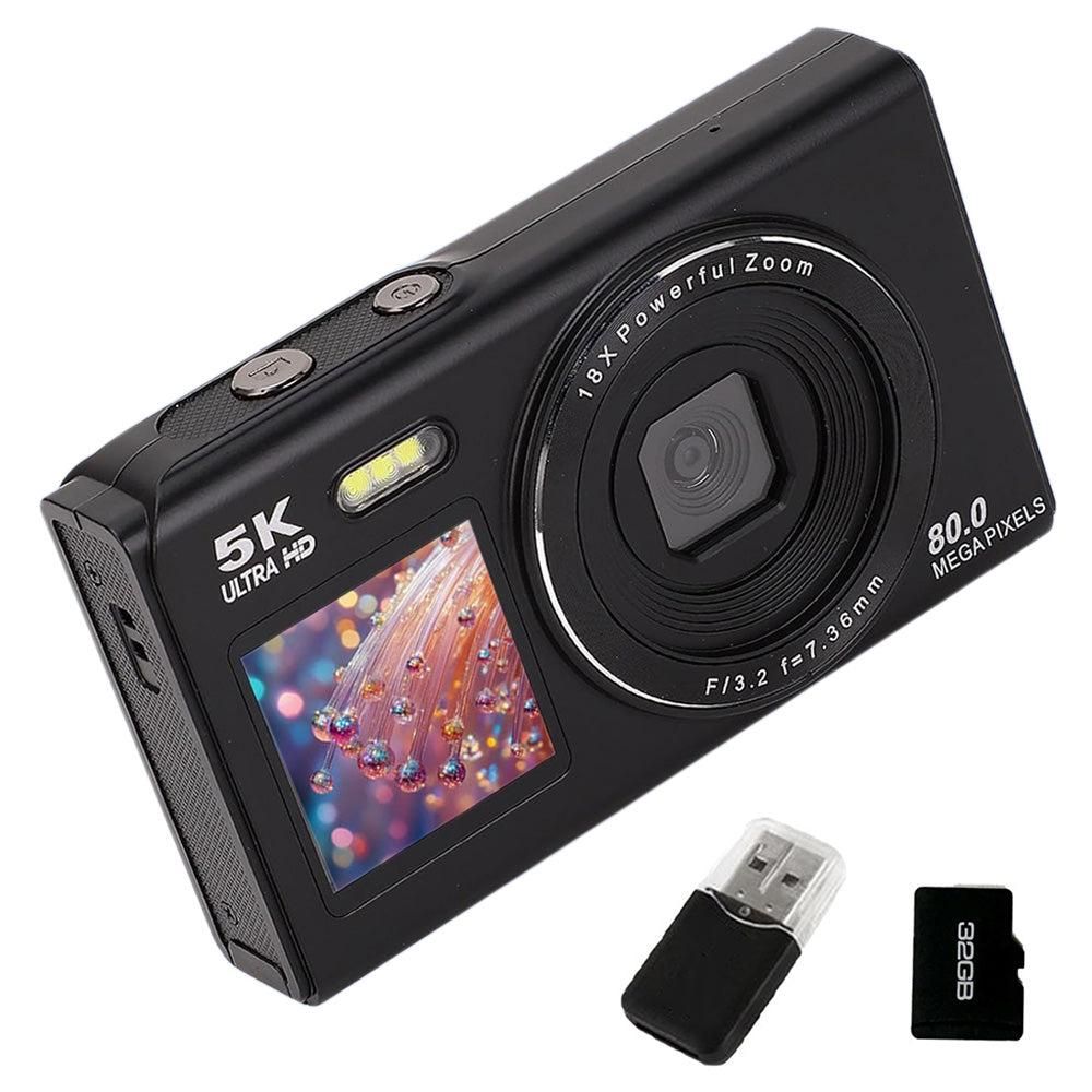 5K HD Dual Screen Digital Camera Point and Shoot Selfie Camera with LED Fill Light - Black