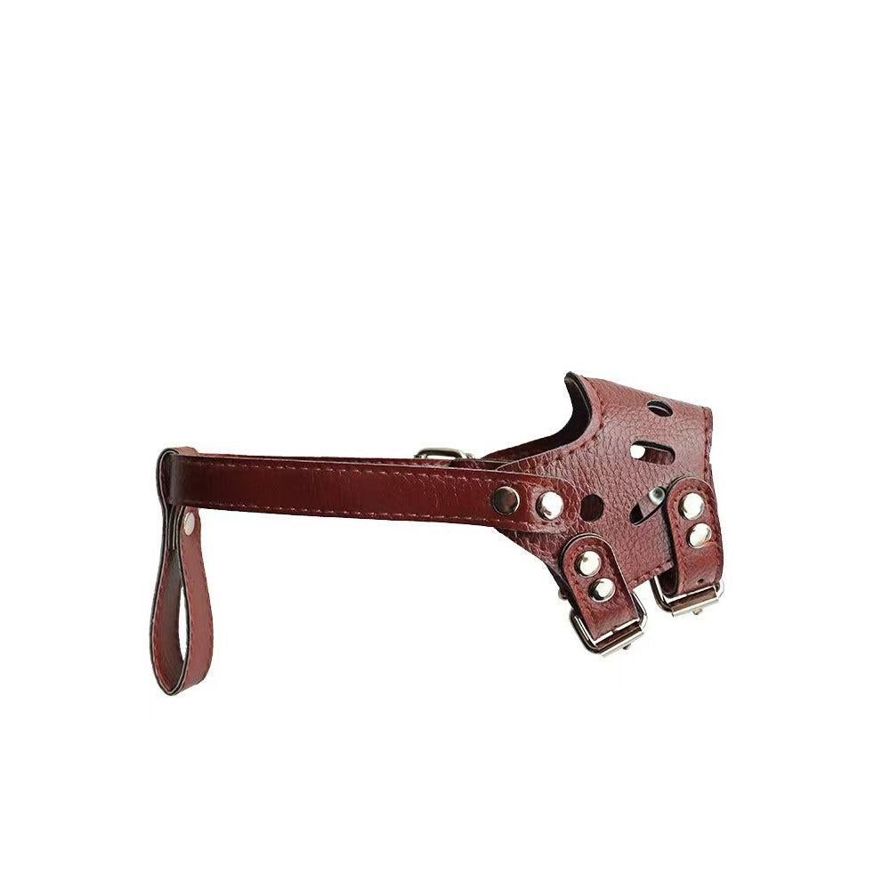 Adjustable PU Leather Dog Muzzle Pet Breathable Anti Bite Bark Chew Muzzles Brown - M
