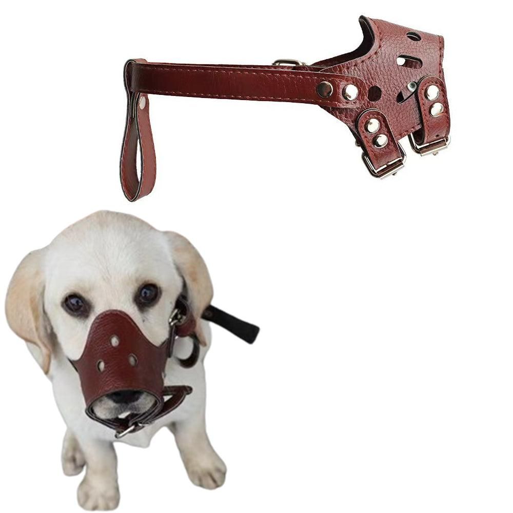 Adjustable PU Leather Dog Muzzle Pet Breathable Anti Bite Bark Chew Muzzles Brown - M