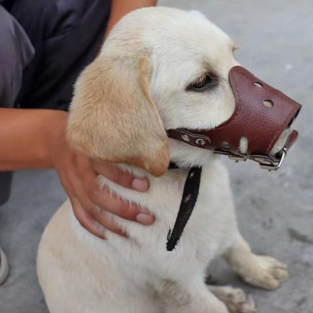 Adjustable PU Leather Dog Muzzle Pet Breathable Anti Bite Bark Chew Muzzles Brown - XL