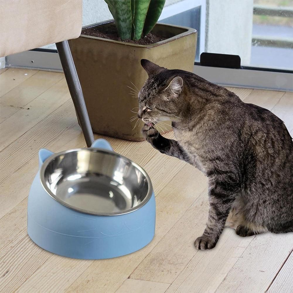 400ml Stainless Steel Tilted Pet Bowl - Non-Slip Raised Feeder for Cats & Dogs Blue