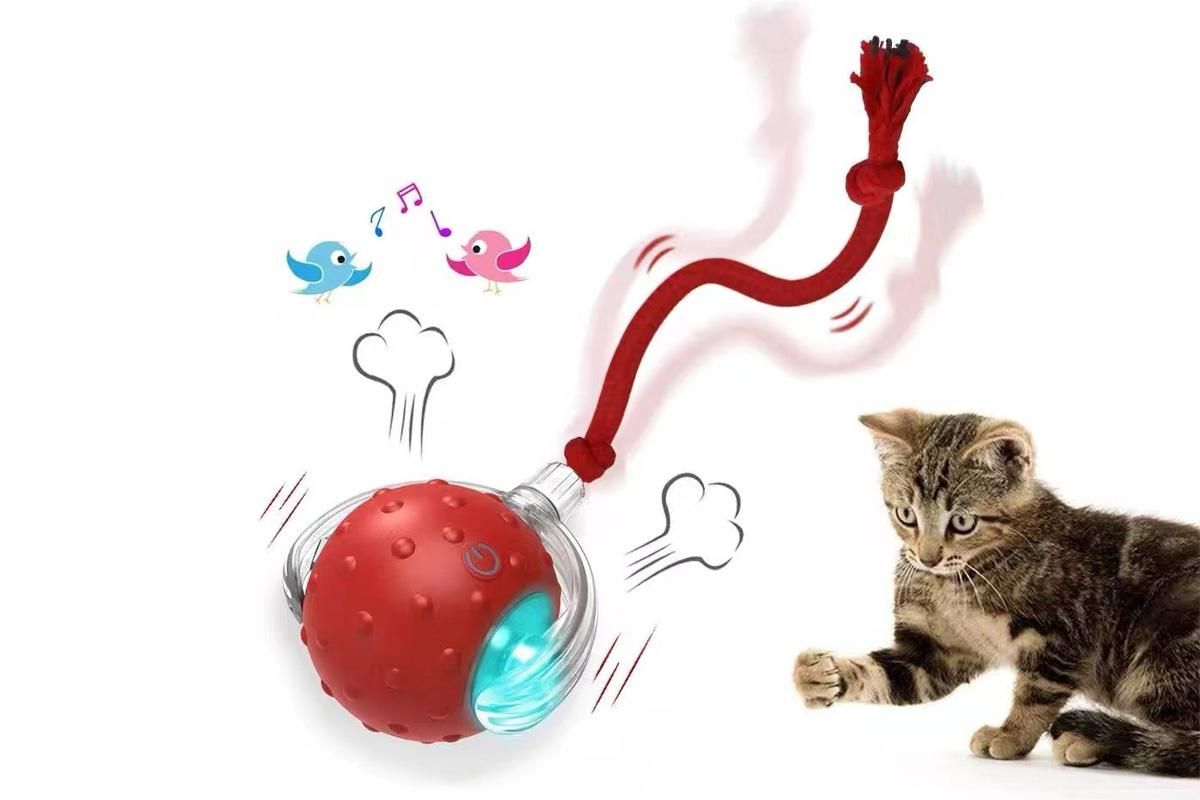 Motion Activate Interactive Cat Toy Rechargeable Smart Rolling Ball with Rope Red