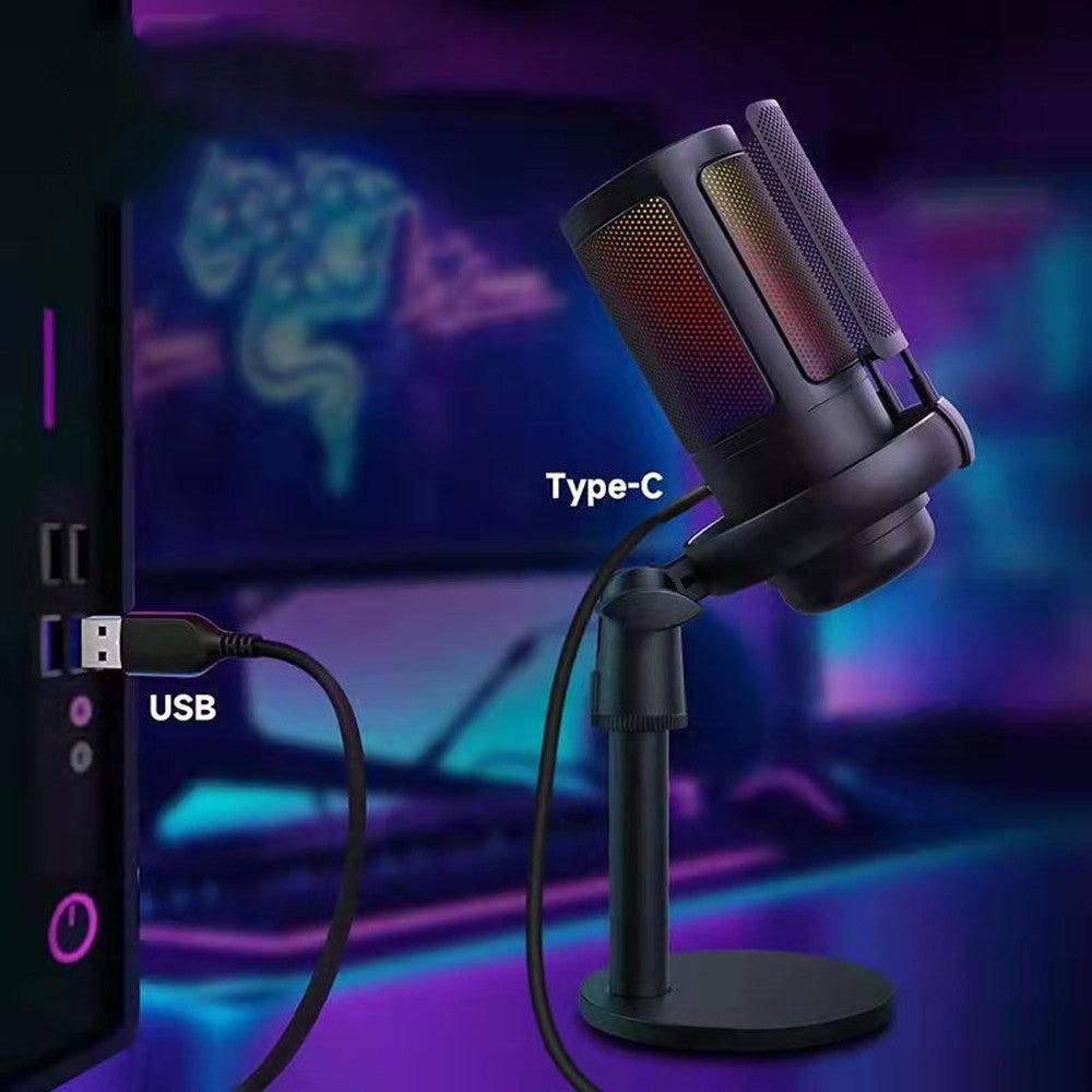 USB Condenser Microphone Gaming Mic with RGB Light for PC Gaming Live Recording Streaming Black