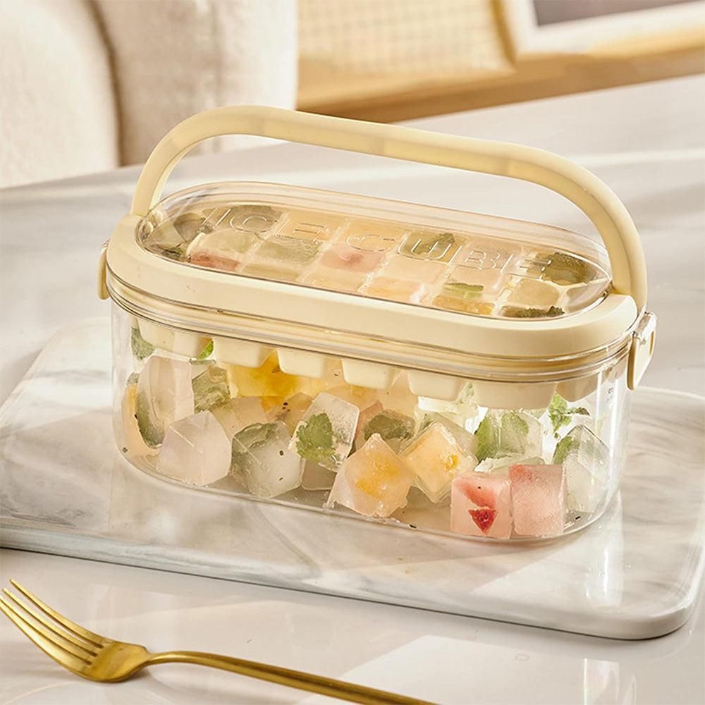 2-Tier Ice Cube Tray Mold with Press-Release Lid & Storage Box for Kitchen Beige