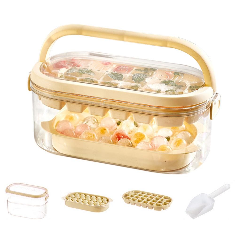2-Tier Ice Cube Tray Mold with Press-Release Lid & Storage Box for Kitchen Beige