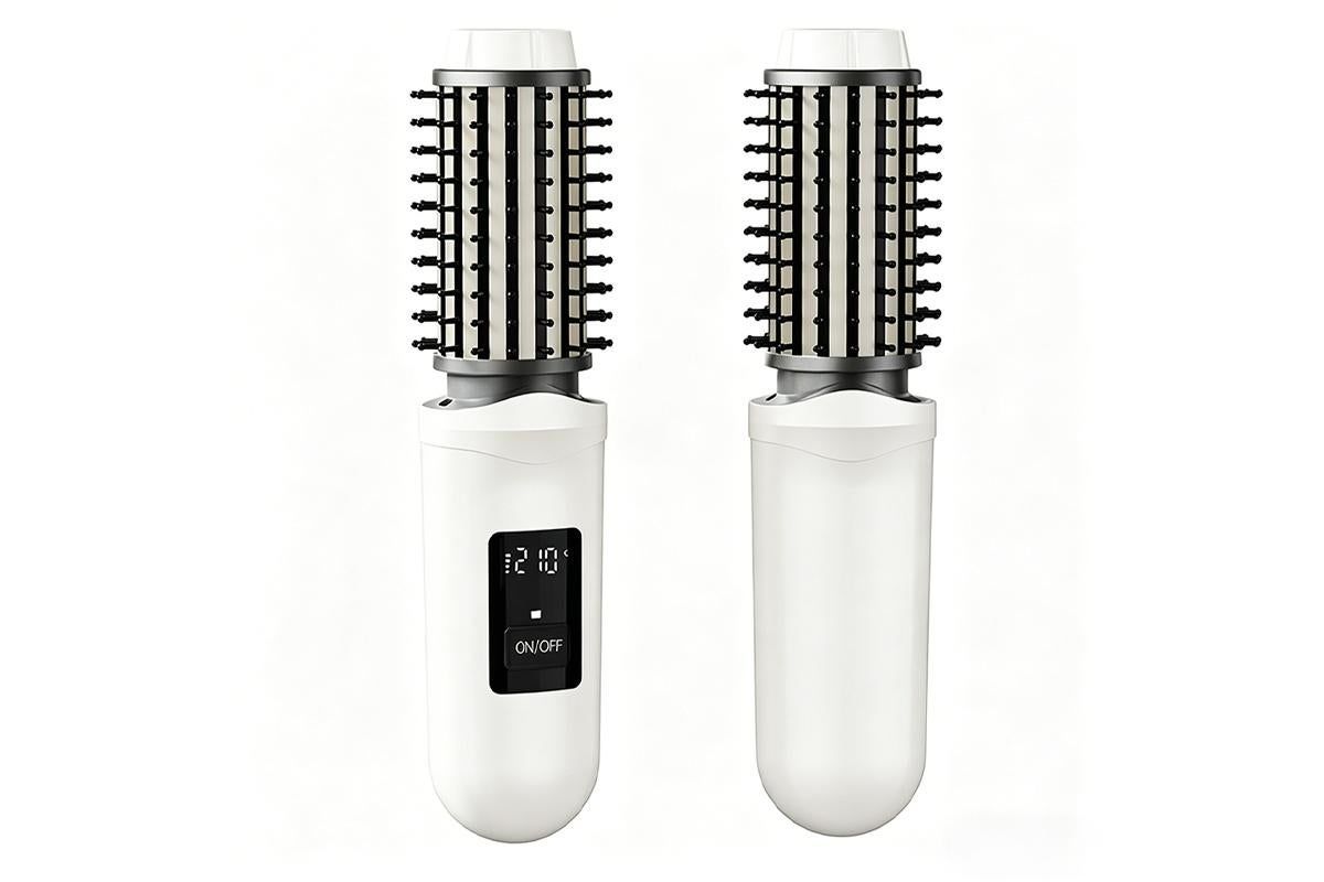 2 in 1 Cordless Hair Straightener Brush Curling Iron with LCD Display-Grey