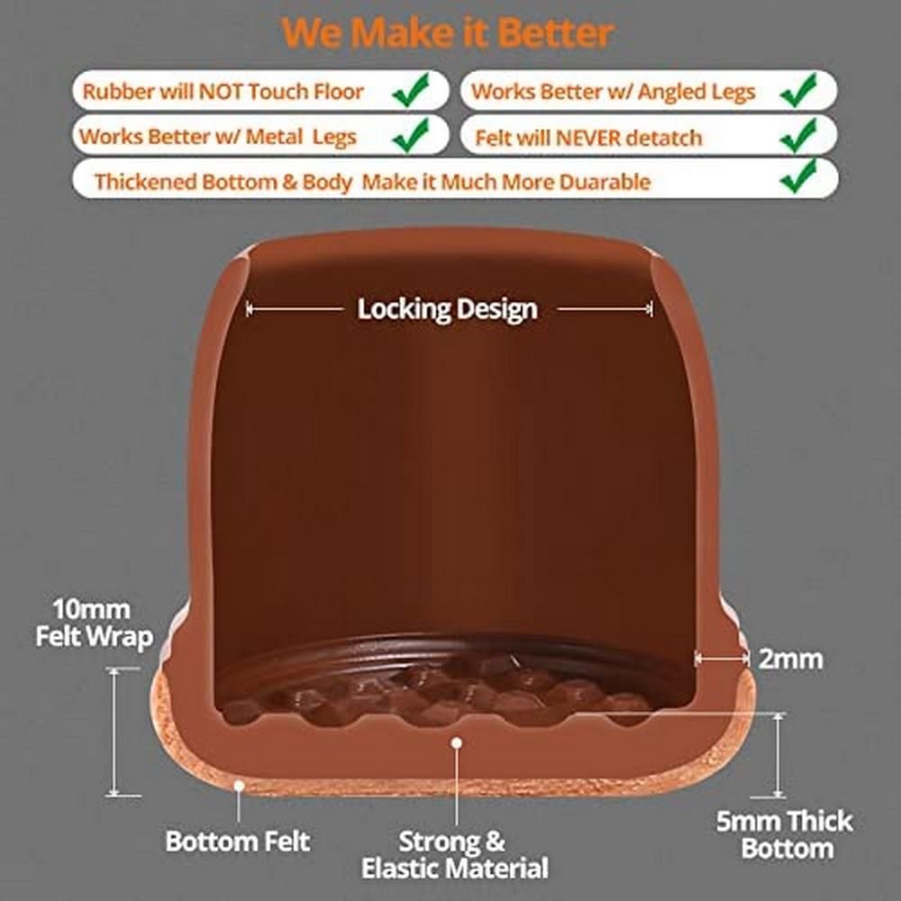 16pcs Silicone Chair Leg Floor Protectors Furniture Leg Feet Cup for Hardwood Floors with Wrapped Felt -Round brown
