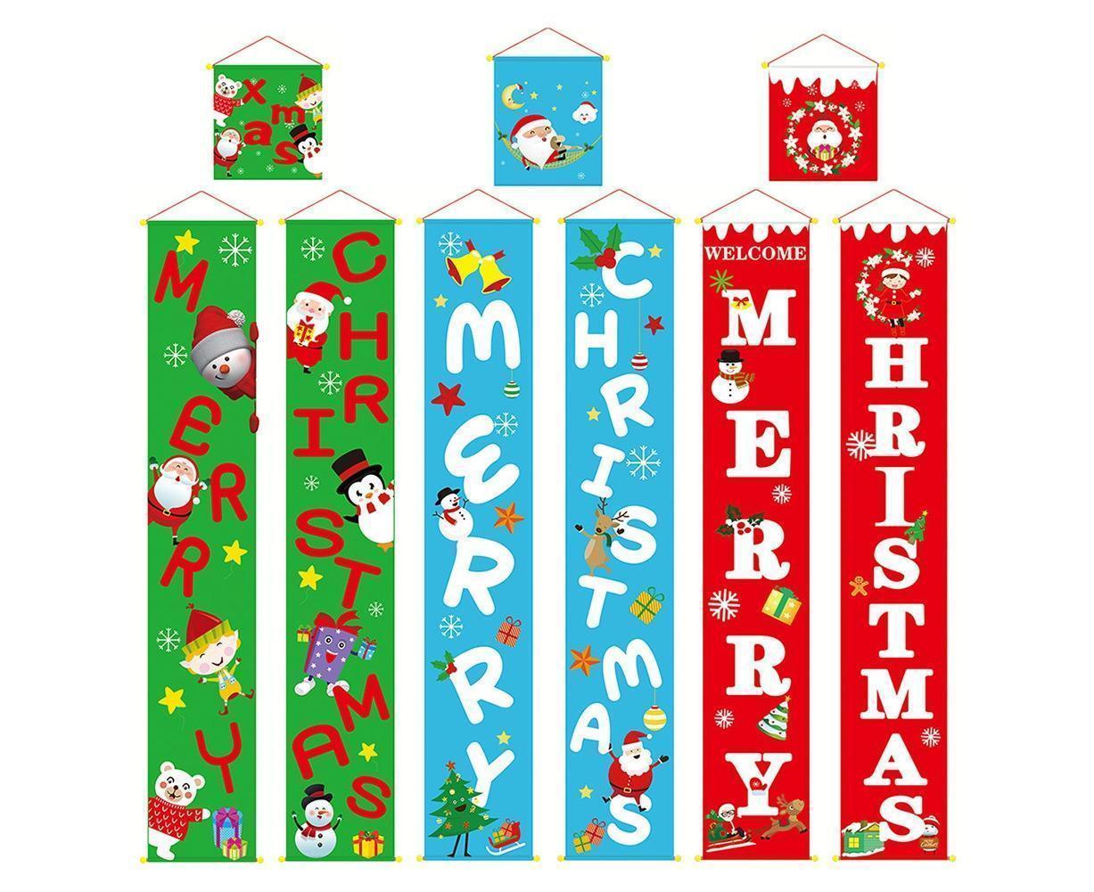 Merry Christmas Santa Elk Snowman Print Hanging Banner Sign Flag Xmas Door Decor-Red