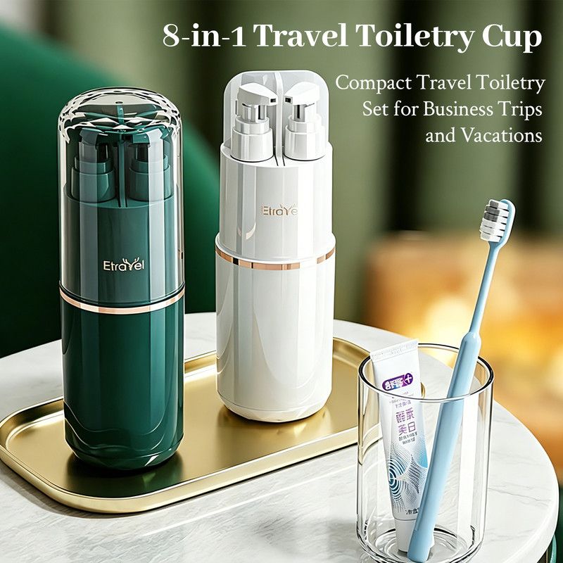 8-in-1 Portable Travel Toiletry Organizer Cup, Travel-Sized Toiletry Set for Business Trips and Vacations, Multifunctional All-in-One Travel Essential - White