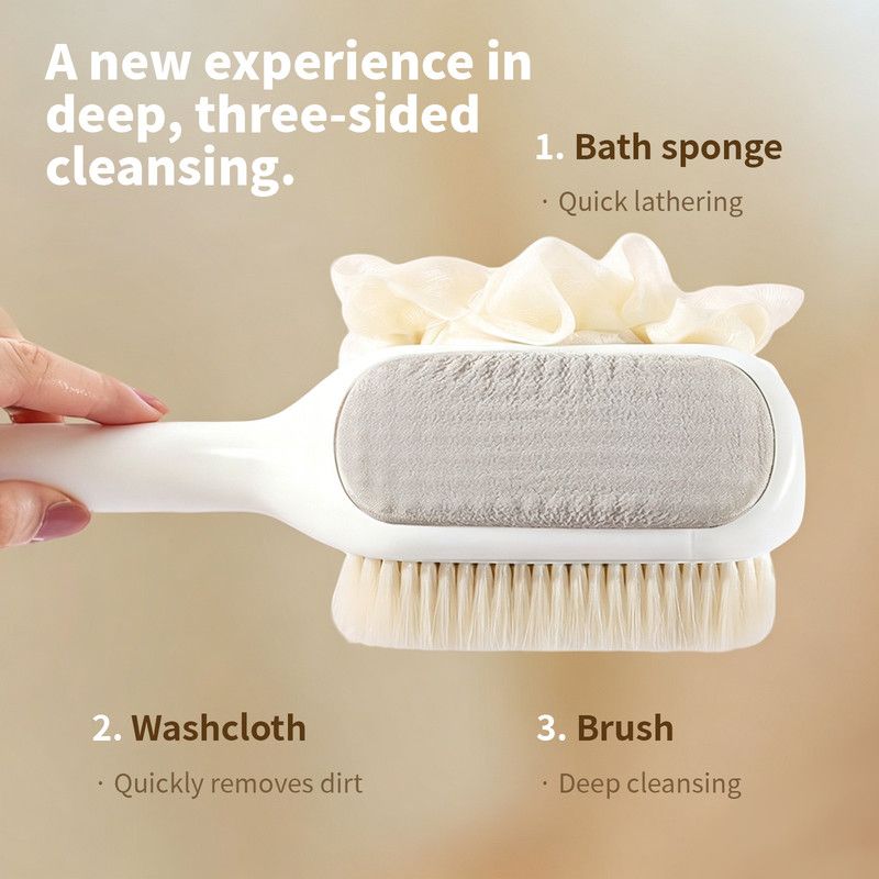 3-in-1 Multi-Functional Long-Handled Body Scrub Brush: Bath Sponge + Soft-Bristle Brush + Washcloth All-in-One, Home Exfoliating Bath Brush, Back Scrubber—White