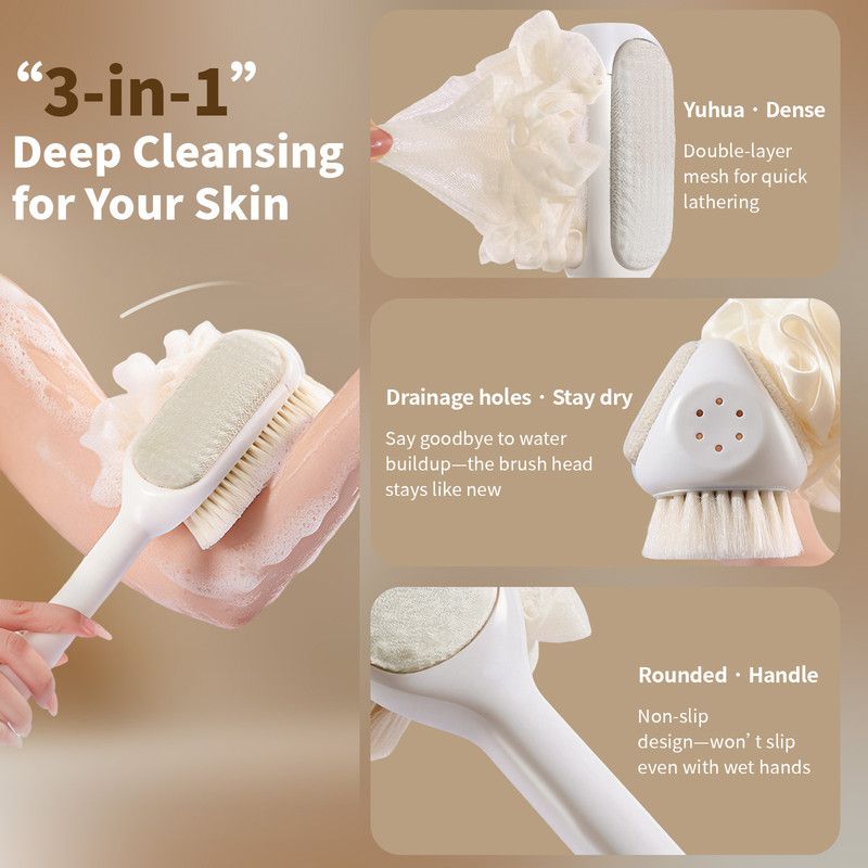 3-in-1 Multi-Functional Long-Handled Body Scrub Brush, Combining Bath Sponge + Soft-Bristle Brush + Washcloth in One, Home Exfoliating Bath Brush, Back Scrubber - Pink