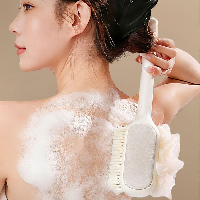 3-in-1 Multi-Functional Long-Handled Body Scrub Brush, Combining Bath Sponge + Soft-Bristle Brush + Washcloth in One, Home Exfoliating Bath Brush, Back Scrubber - Pink