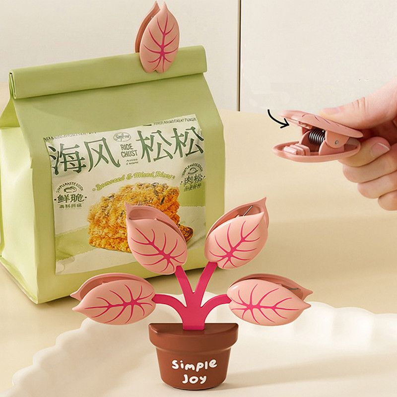 Home Food Bag Freshness Sealer, Creative Plant Pot Magnetic Clips, Multifunctional Fridge Magnet Clips, Cute Leaf-Shaped Food Bag Clips - Pink