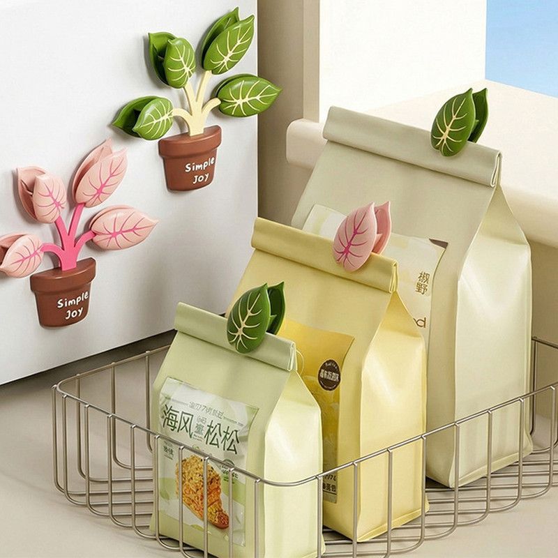 Home Food Bag Freshness Sealer, Creative Plant Pot Magnetic Clips, Multifunctional Fridge Magnet Clips, Cute Leaf-Shaped Food Bag Clips - Pink