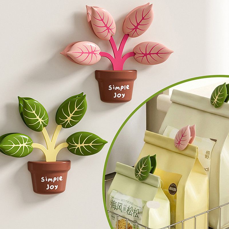 Home Food Bag Freshness Sealer, Creative Plant Pot Magnetic Clips, Multifunctional Fridge Magnet Clips, Cute Leaf-Shaped Food Bag Clips - Pink