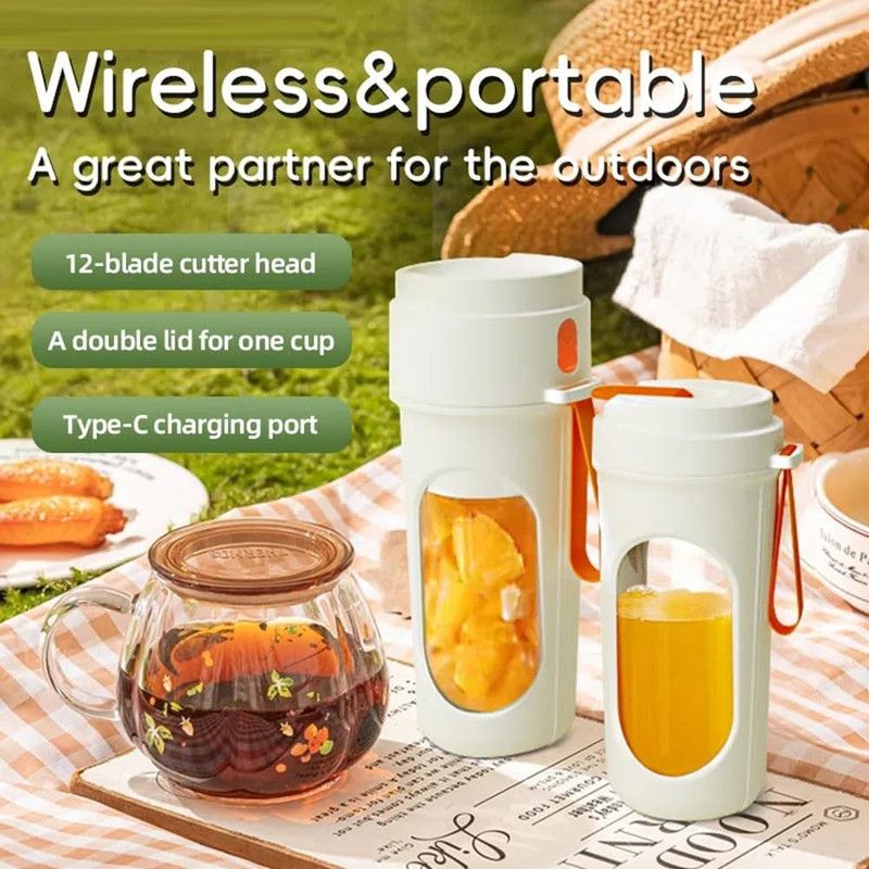 Portable Cordless Juicing Cup, Dual-Lid Design – 12-Blade Juicer, 1500mAh High Capacity, Compact Multi-Functional Portable Juicing Cup for Home Use – Orange