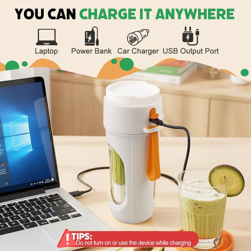 Portable Cordless Juicing Cup, Dual-Lid Design – 12-Blade Juicer, 1500mAh High Capacity, Compact Multi-Functional Portable Juicing Cup for Home Use – Orange