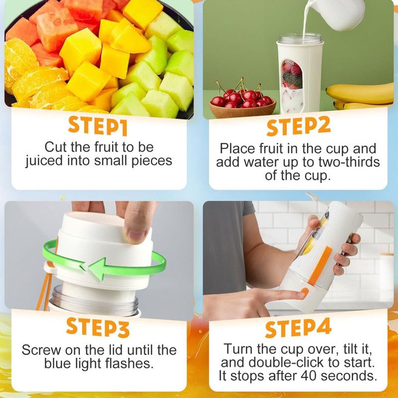 Portable Cordless Juicing Cup, Dual-Lid Design – 12-Blade Juicer, 1500mAh High Capacity, Compact Multi-Functional Portable Juicing Cup for Home Use – Orange