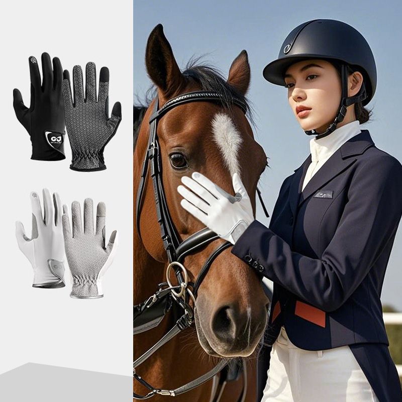 Equestrian Riding Gloves, Full-Palm Silicone Anti-Slip & Durable Touchscreen Model, Ice-Silk Cooling, Breathable, and UV-Protective, Suitable for Outdoor Sports, Driving, and Training—Black-L