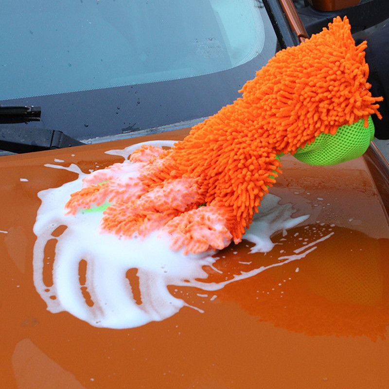 Double-Sided Chenille Car Wash Glove, Paint-Safe Coral Fleece Car Cleaning Glove, Five-Finger Design, Absorbs Water and Removes Dirt Easily, Car Cleaning Tool, Home and Car Cleaning Tool - Orange