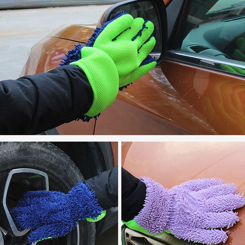Double-Sided Chenille Car Wash Gloves, Paint-Safe Coral Fleece Car Cleaning Gloves, Five-Finger Design, Absorbs Water and Removes Dirt Easily, Car Cleaning Tools, Home and Car Cleaning Tools - Purple