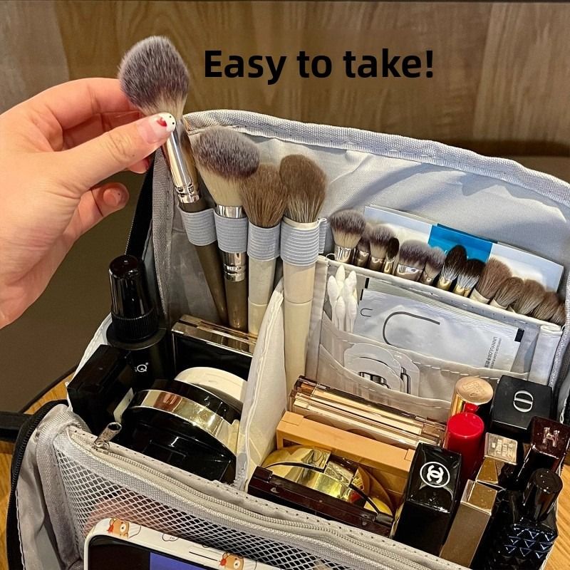 Portable Multi-Functional Toiletry Bag, Stand-Up Large-Capacity Storage Bag for Makeup Brushes, Cosmetics, and Toiletries, Jinbu Multi-Compartment Storage Bag - Yellow