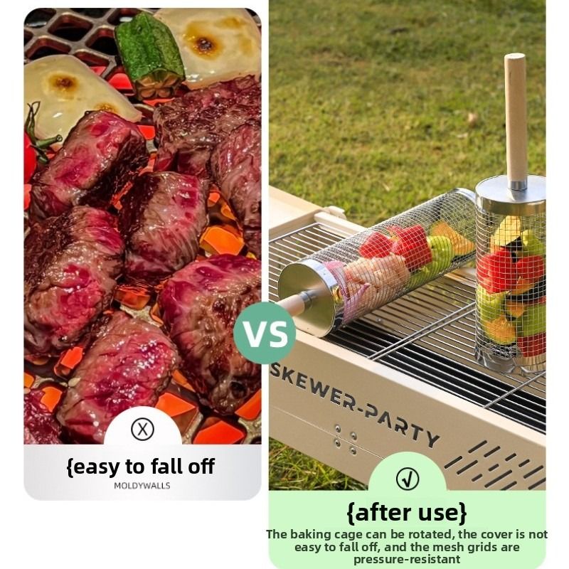 Food-grade stainless steel rotisserie skewer, 360° rotatable, with heat-resistant wooden handle—outdoor camping barbecue tool (Large)