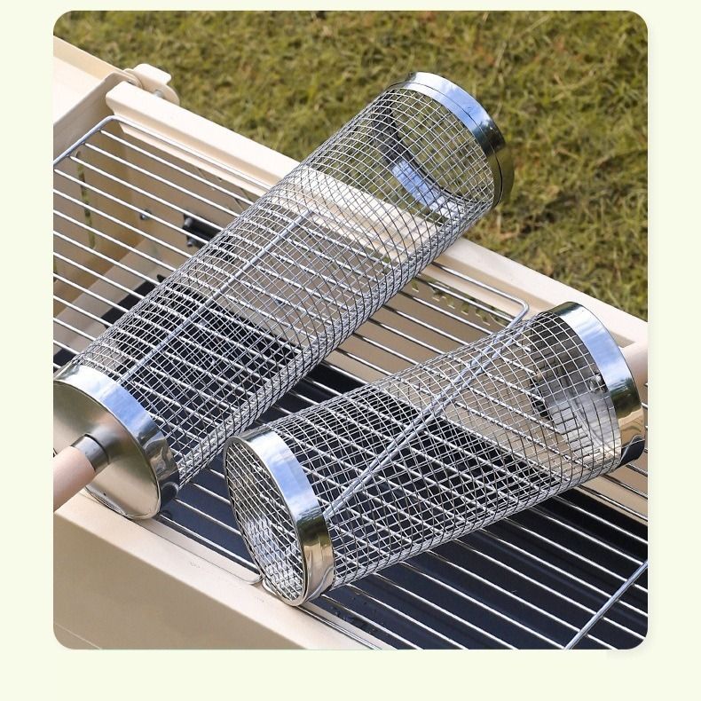 Food-grade stainless steel rotisserie skewer, 360° rotatable, with heat-resistant wooden handle—outdoor camping barbecue tool (Large)