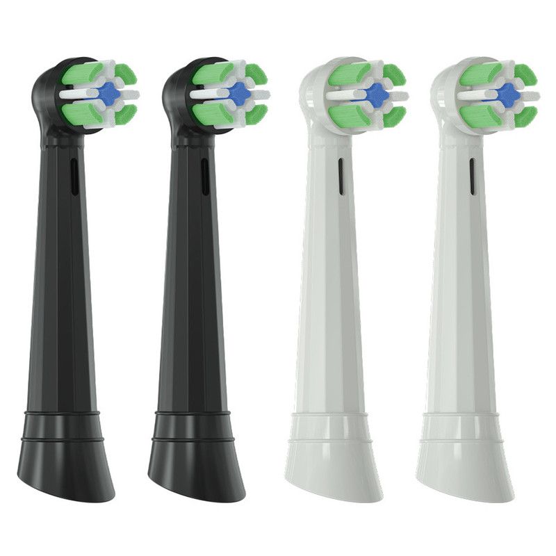 Replacement brush heads for rotary electric toothbrushes. Compatible with Oral-B's IO series (not genuine). High-density, rounded soft bristles. Pack of 4 (2 black, 2 white)