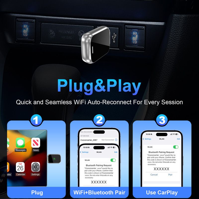 In-car wireless CarPlay adapter, plug-and-play