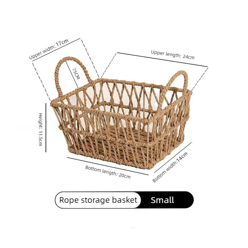 Handwoven paper rope storage basket with a rectangular design and two handles; perfect for organizing desk clutter, snacks, and cosmetics; Bohemian-style storage basket