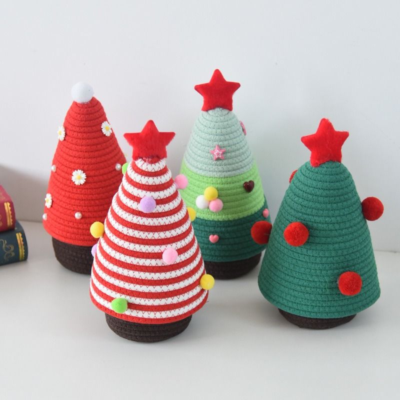 Christmas-themed cotton yarn woven storage basket, Christmas tree-shaped desktop storage box with lid, entryway key and remote control holder - cosmetic storage box - red