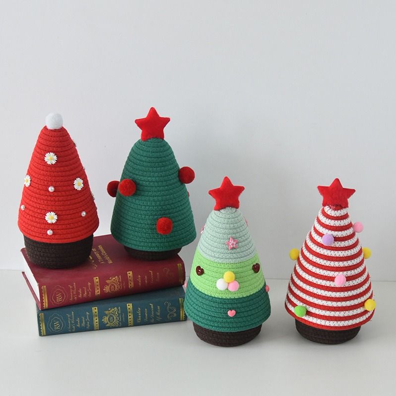 Christmas-themed cotton yarn woven storage basket, Christmas tree-shaped desktop storage box with lid, entryway key and remote control organizer - cosmetic storage box - red and white