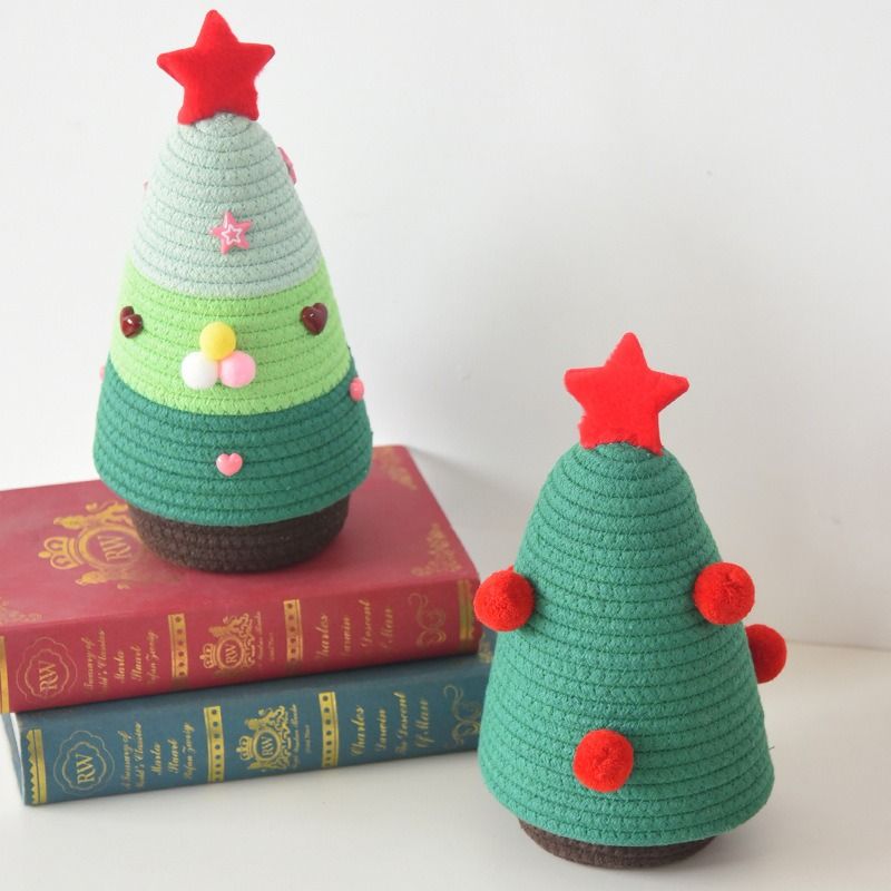 Christmas-themed cotton yarn woven storage basket, Christmas tree-shaped desktop storage box with lid, entryway key and remote control organizer - cosmetic storage box - red and white