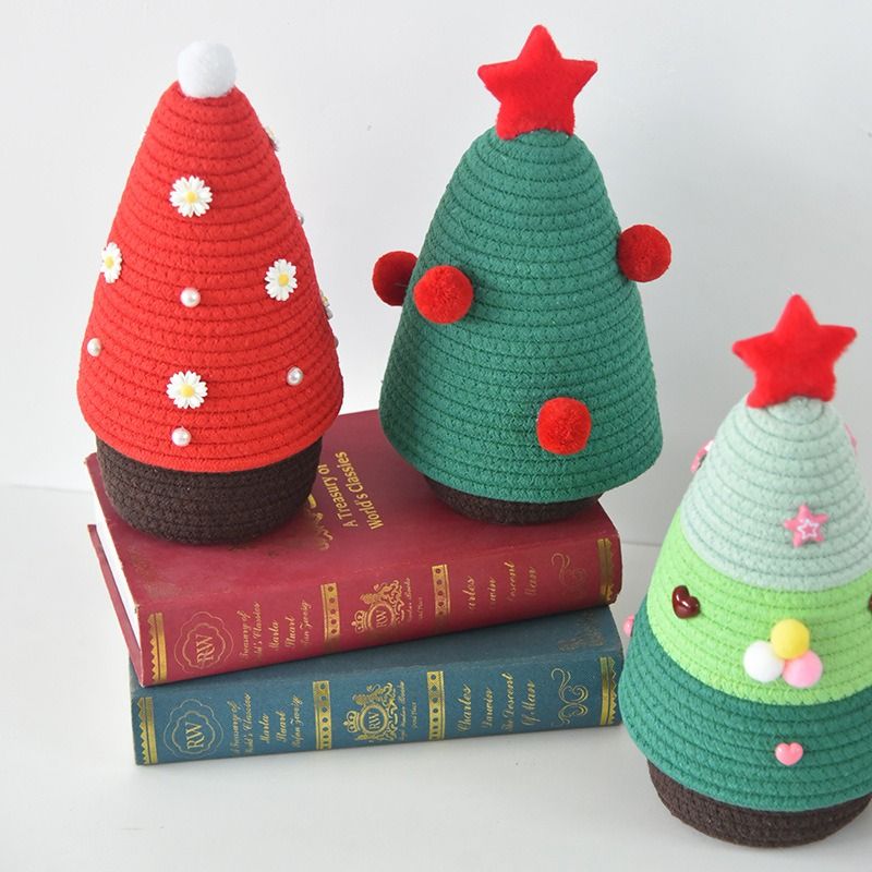 Christmas-themed cotton yarn woven storage basket, Christmas tree-shaped desktop storage box with lid, entryway key and remote control organizer - cosmetic storage box - green