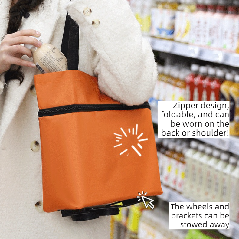 Foldable Shopping Trolley with Wheels, Portable Large-Capacity Oxford Cloth Shopping Cart, Home Delivery Cart - Orange