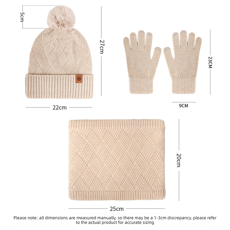Women's Fashionable Winter 3-Piece Set: Knit Hat, Scarf, and Gloves.  A must-have for outdoor skiing and cycling - Pink