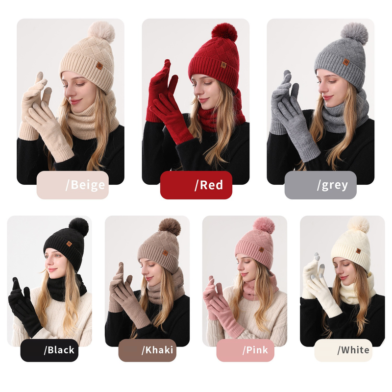 Women's Fashionable Winter 3-Piece Set: Knit Hat, Scarf, and Gloves.  A must-have for outdoor skiing and cycling - Red