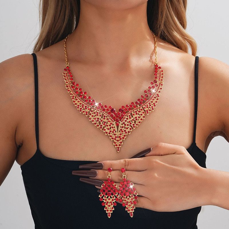 Affordable Luxury, Statement-Making Full-Diamond Necklace and Earring Set, Accessories for Banquets, Parties, and Weddings – Red