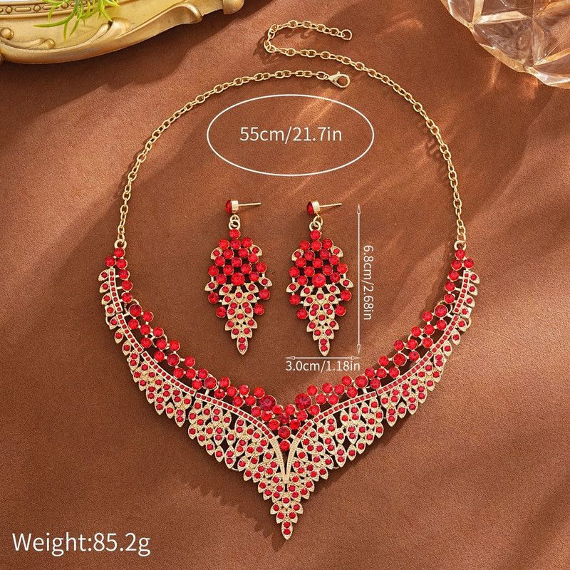 Affordable Luxury, Statement-Making Full-Diamond Necklace and Earring Set, Accessories for Banquets, Parties, and Weddings – Red