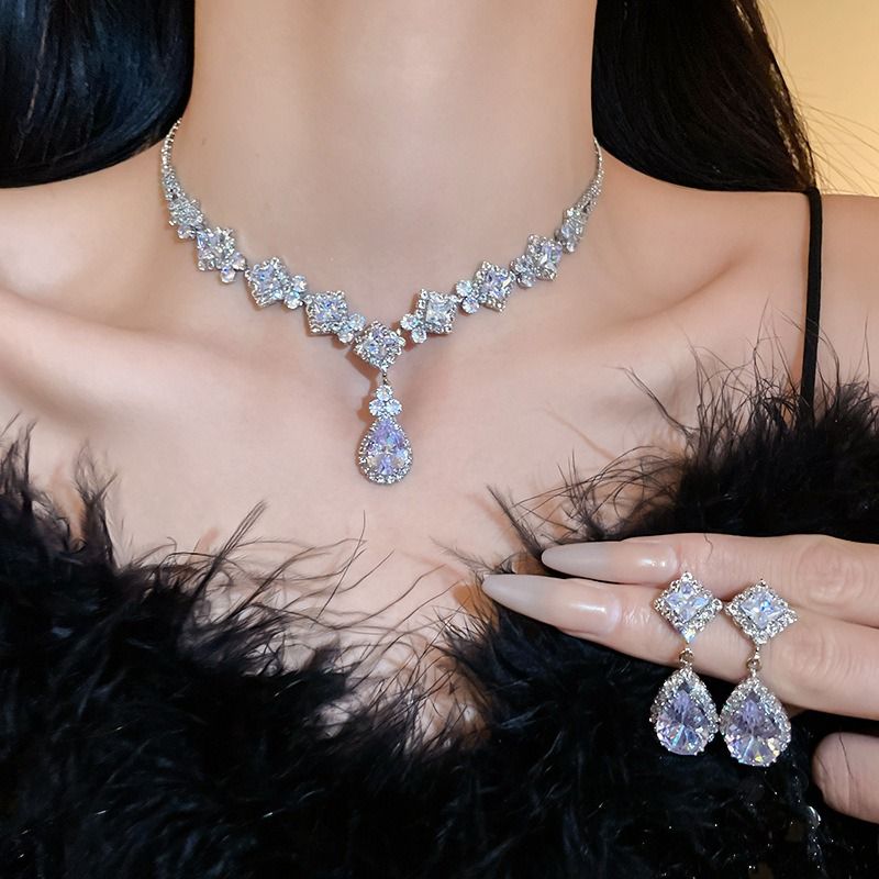 High-Brilliance Zircon Necklace and Earring Set, Evening, Wedding, and Party Jewelry for Women